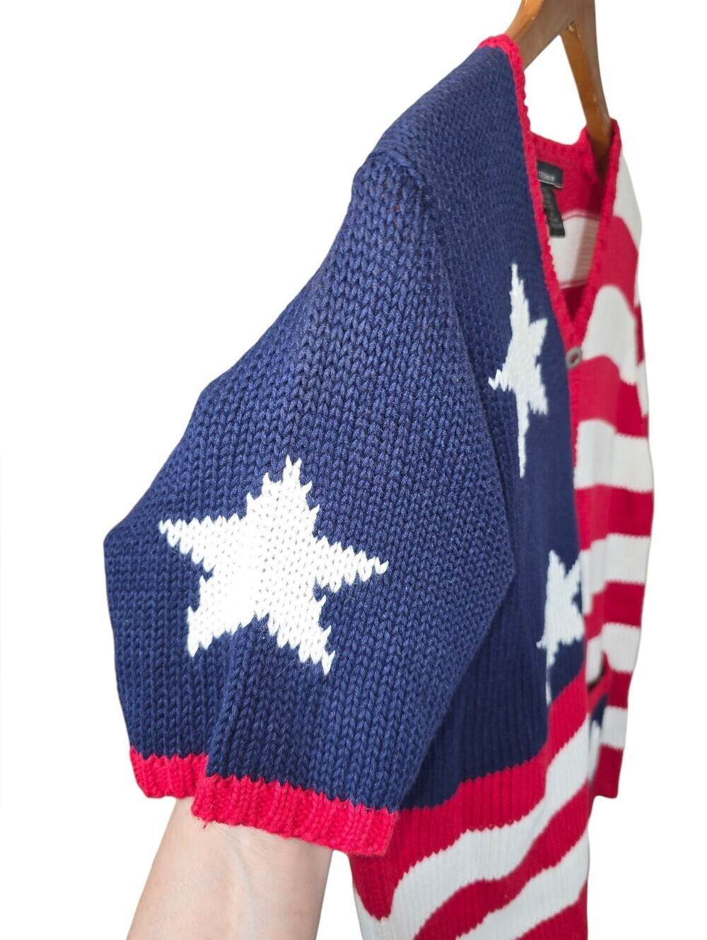 T & Company American Flag Knit V-neck Cardigan Sweater Patriotic USA Size Medium - Picture 4 of 9